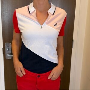 NAUTICA Women's Colorblock Polo Shirt Silver metal sailboat deatil front ziper.